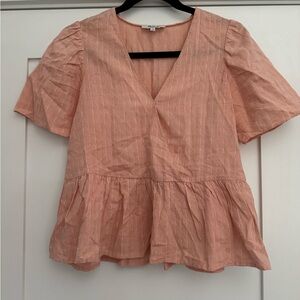 Madewell Pink Puff Sleeve Peplum Blouse